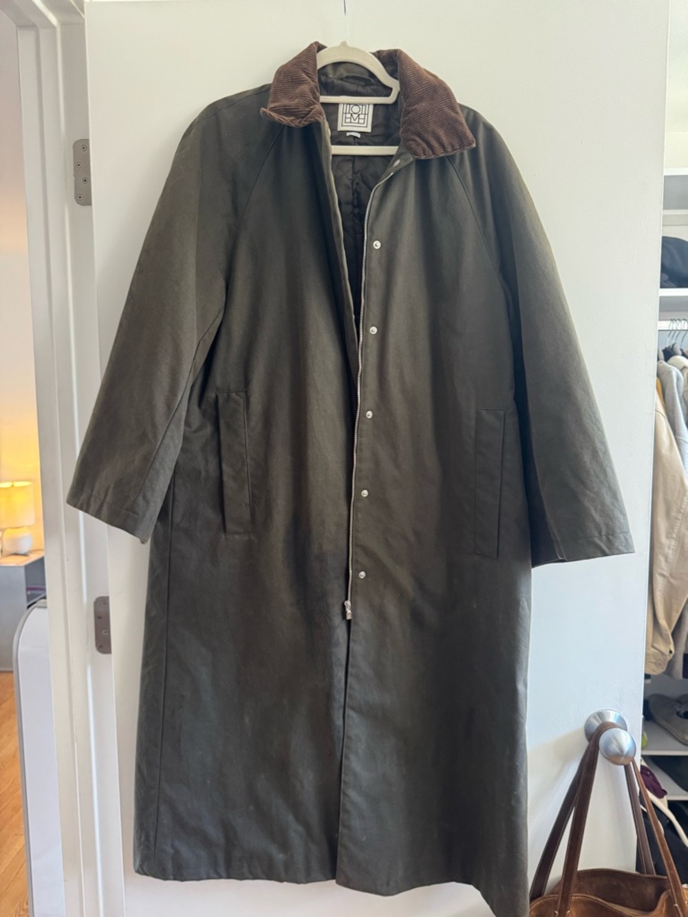 Toteme Olive Green Long Utility Coat with Brown Corduroy Collar